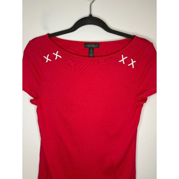LRL Lauren Jeans Co Short Slv Top Womens M Red Nautical Stretch Criss Cross Rope - Picture 5 of 7